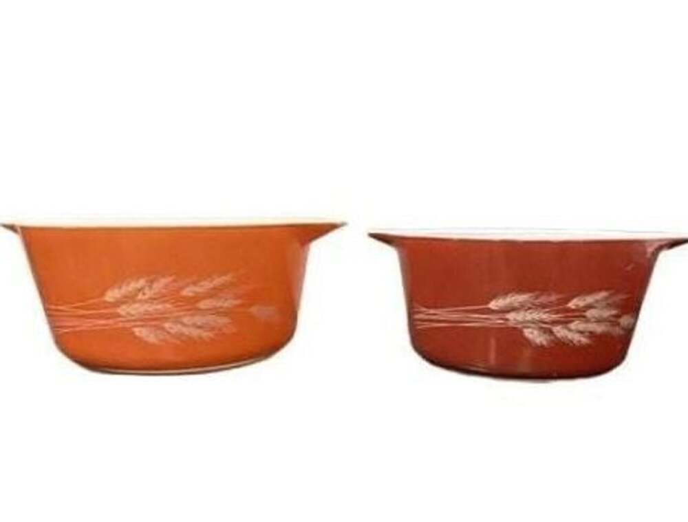 Vintage Pyrex Autumn Harvest Wheat Pattern Cinderella Casserole Bowls (Set of 2)